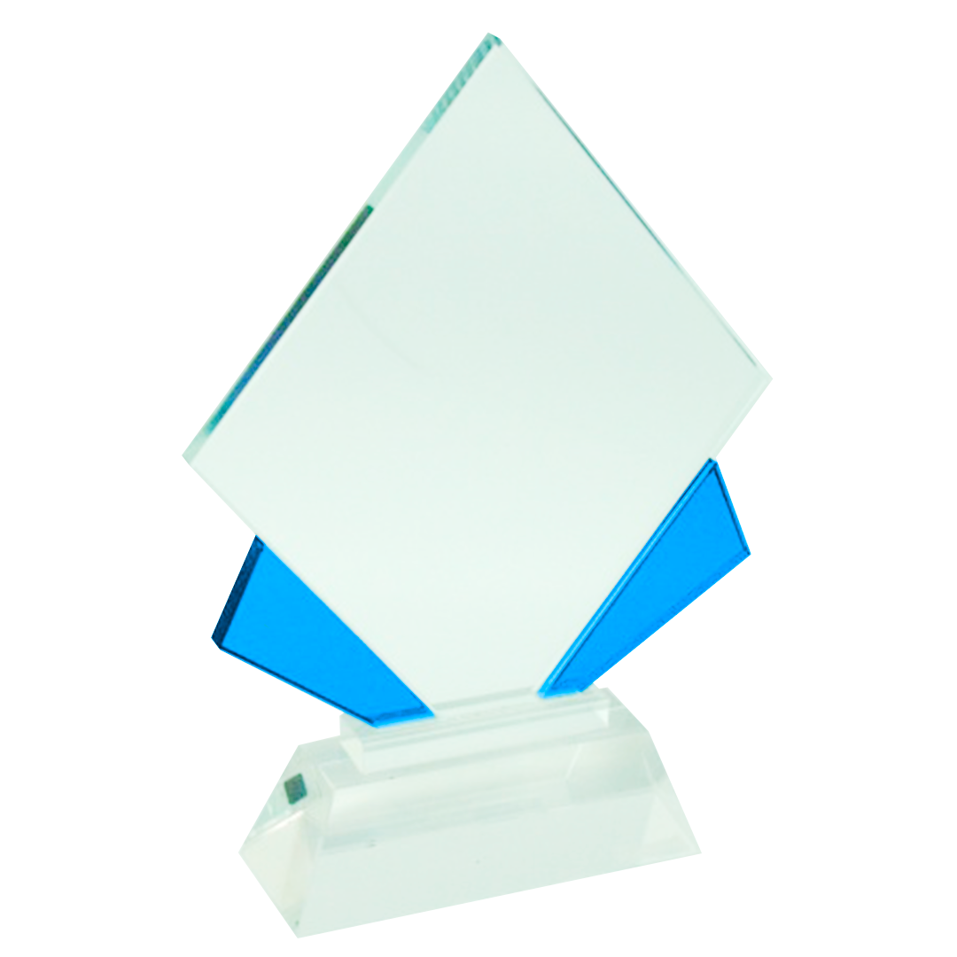 Trofeo de Cristal Cuadrado Inclinado con Detalles Azules