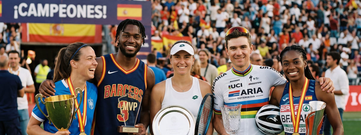 Deportistas de varias disciplinas con sus trofeos